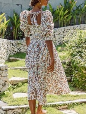 Cleobella White Floral Puff-Sleeve Midi Dress